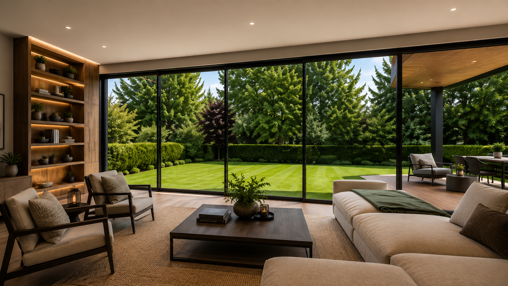 Modern dark wood house with warm lit windows at dusk, set against pine trees and mountains.
