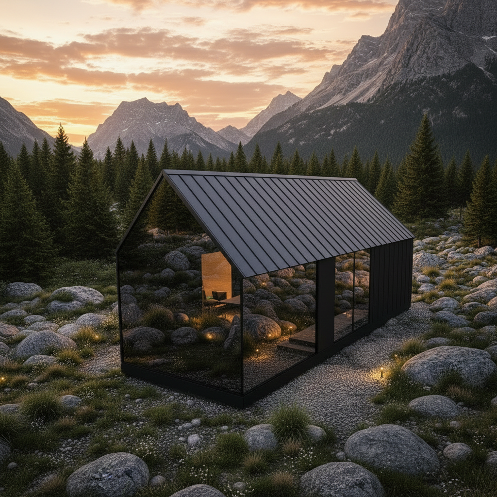 Small modern black cabin with lit windows in a rocky pine forest at sunset, mountains behind