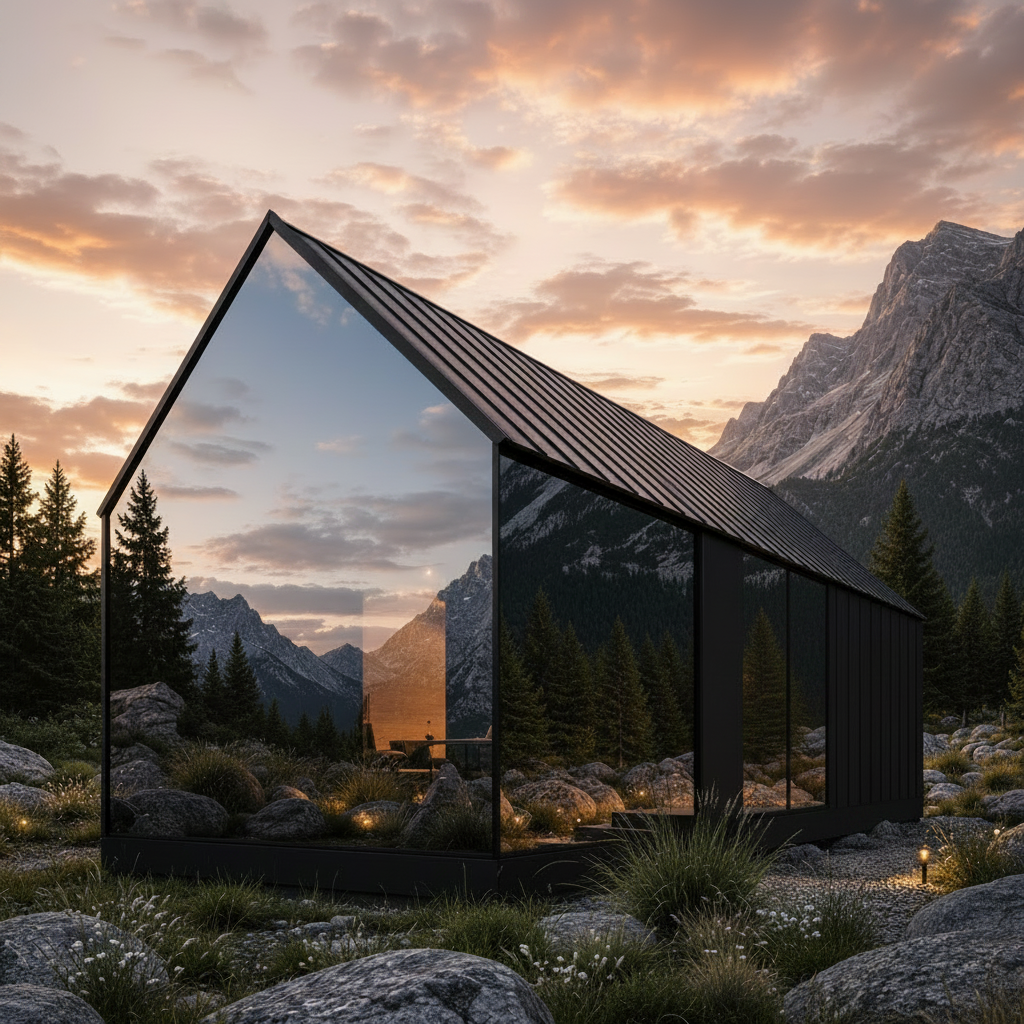 Small modern black-and-wood cabin with a deck, set in a grassy clearing by trees
