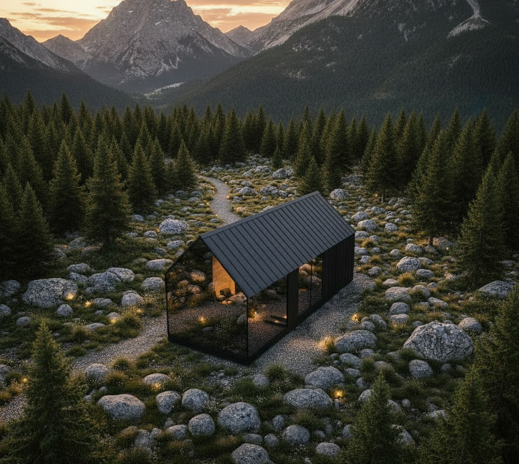 A small dark cabin glows in a rocky pine valley at dusk, with mountains in the background.