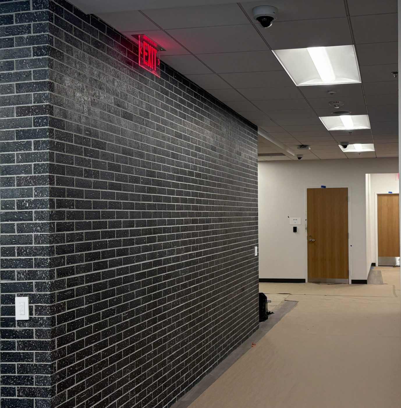 Empty office hallway with black brick wall, beige carpet, fluorescent lights, and wooden doors