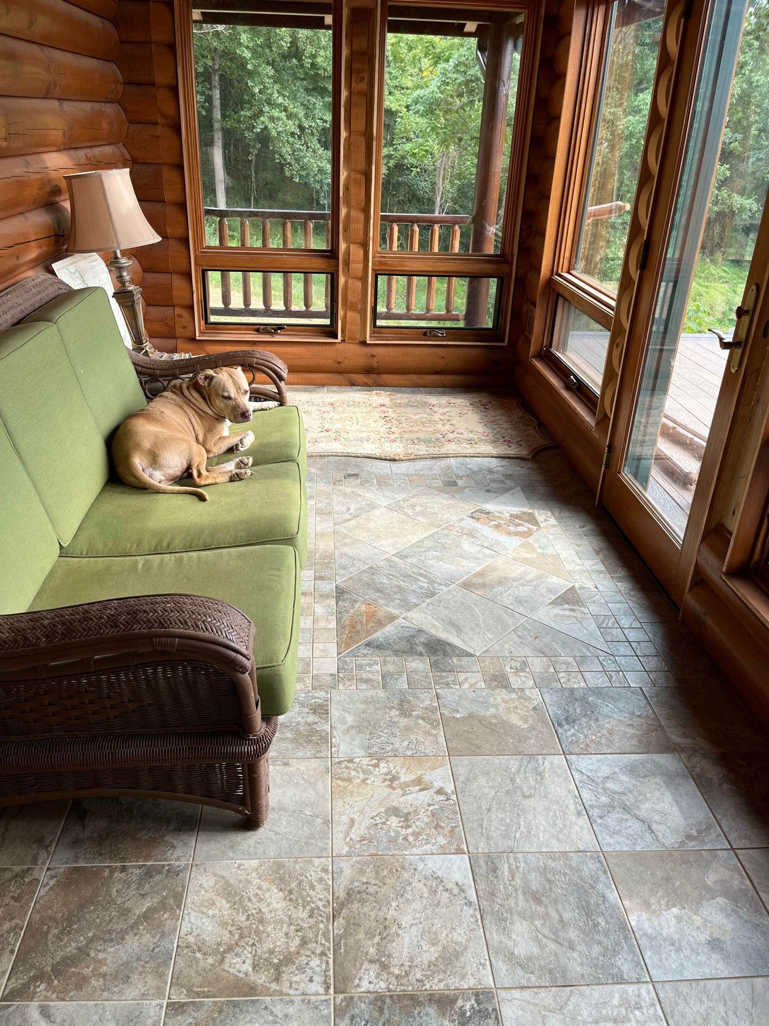 Two dogs resting on a green couch in a sunroom with wood-paneled walls and tiled floor