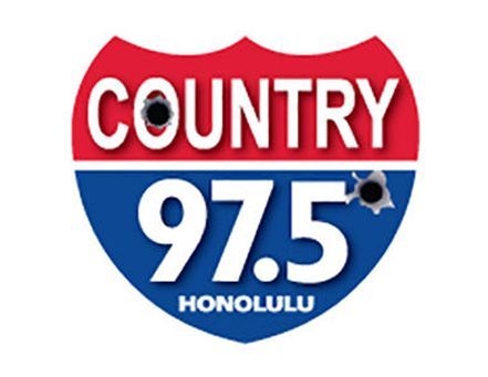 Country 97.5 Honolulu radio logo in red, white, and blue with a bullet hole