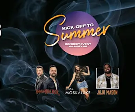 Concert poster for “Kick-Off to Summer” with three performers on a smoky dark background