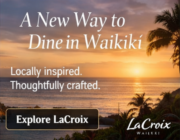 LaCroix ad: sunset Waikiki beach with palm trees and the text “A New Way to Dine in Waikiki”