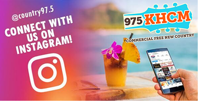 Promotional graphic for 97.5 KHCM Instagram, with drink, phone, and pink-purple gradient background