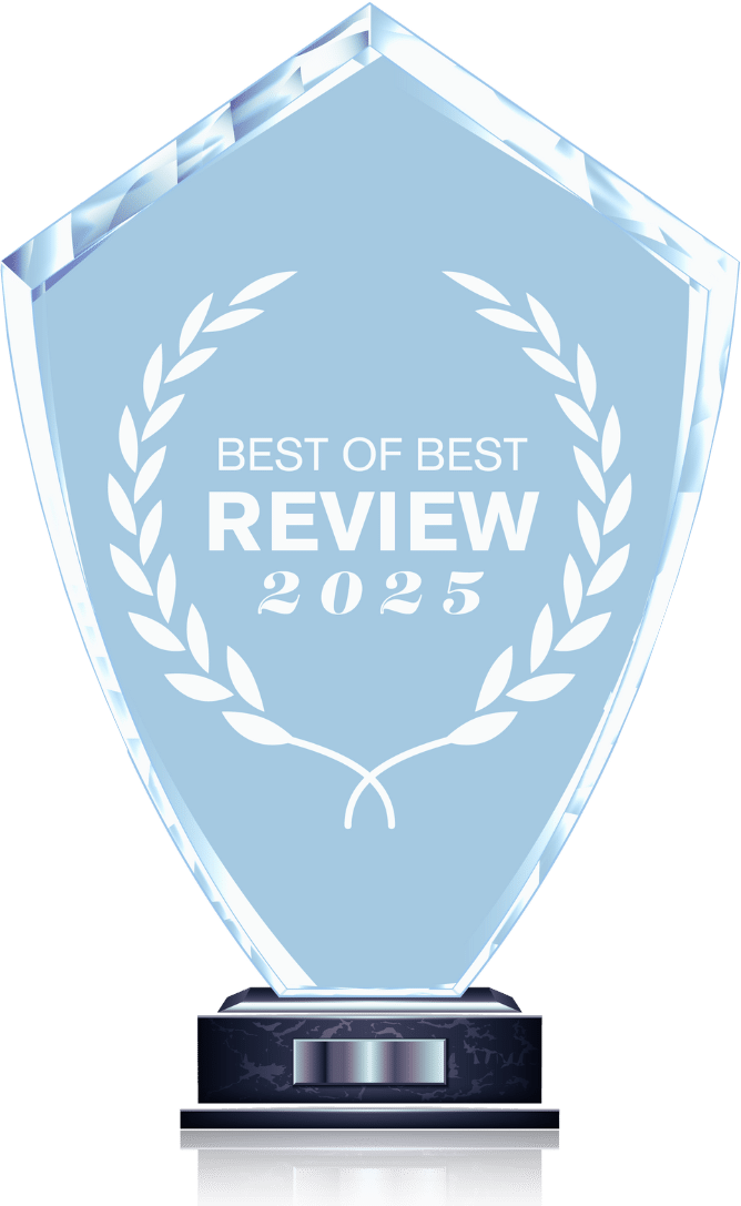 Light blue crystal trophy with laurel wreath and the words “Best of Best Review 2025” on a black base