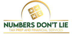 A logo for numbers do n't lie tax prep and financial services.