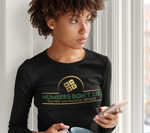 A woman wearing a black shirt that says numbers do n't lie