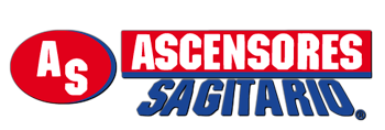 Logotipo de Ascensores Sagitario con texto rojo, azul y blanco sobre fondo blanco.