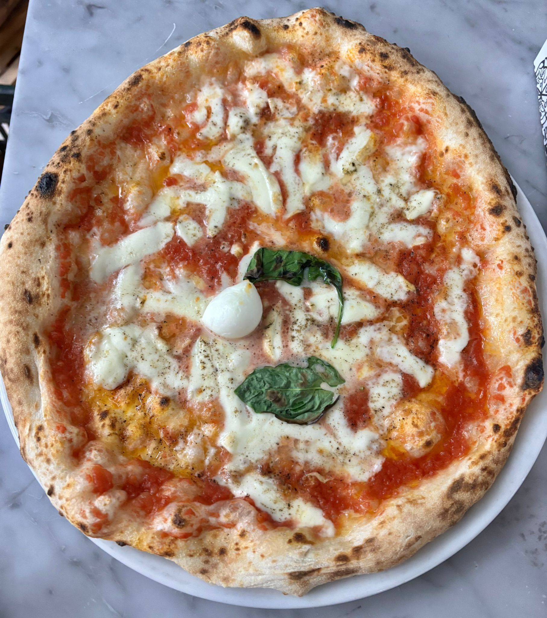 Pizza Margherita su un piatto bianco, condita con salsa di pomodoro, mozzarella fusa e foglie di basilico.