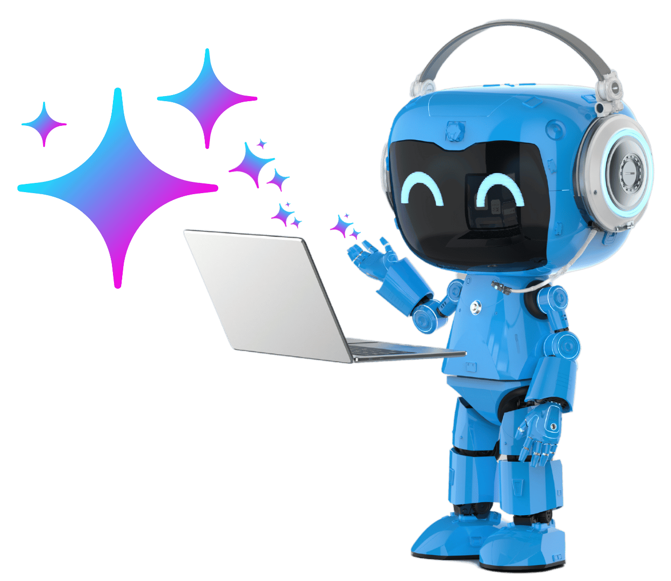 A blue robot wearing headphones is holding a laptop computer. Wizzyl 