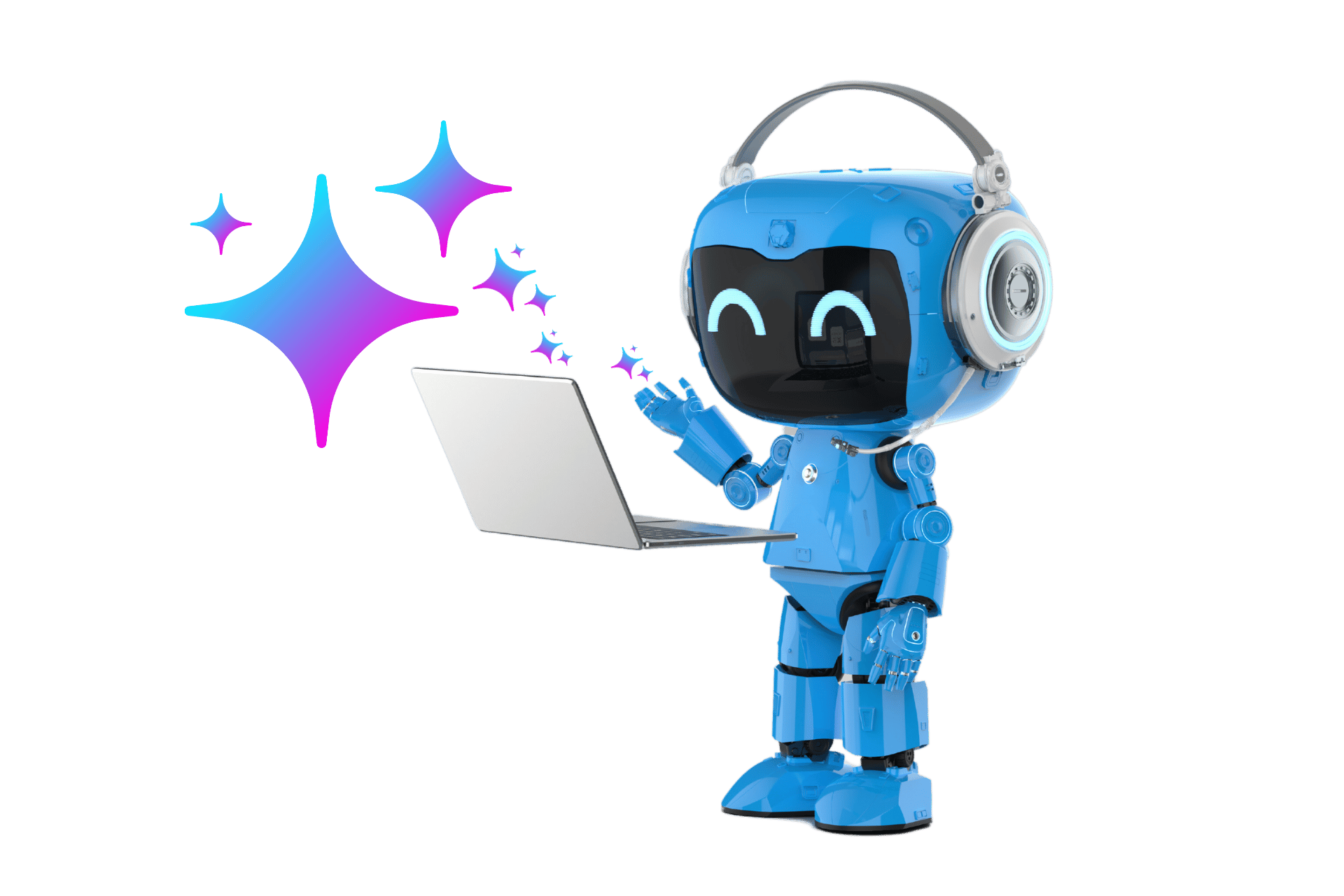 A blue robot wearing headphones is holding a laptop computer.