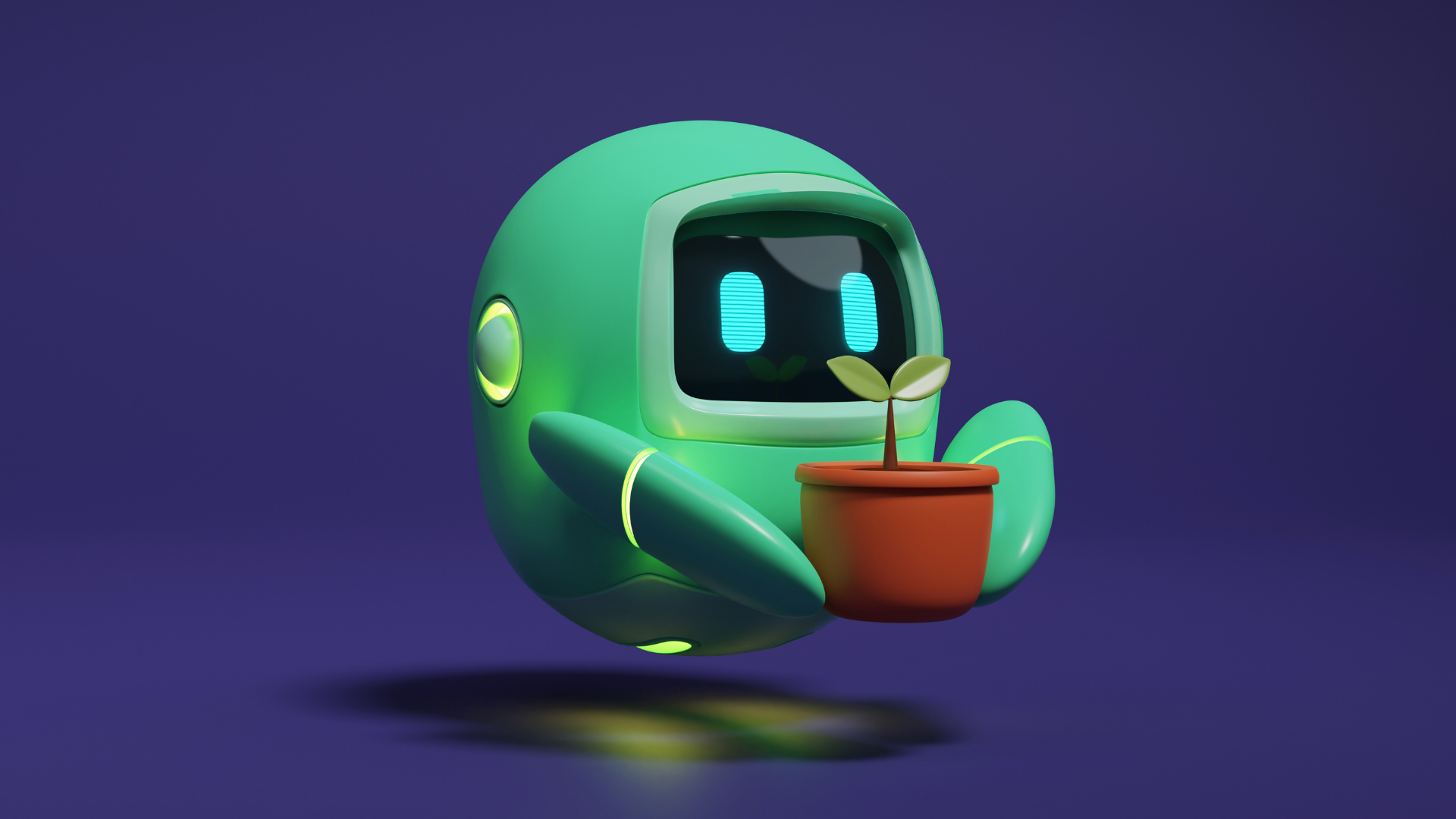 A robot is holding a potted plant in its hands. Wizzyl 