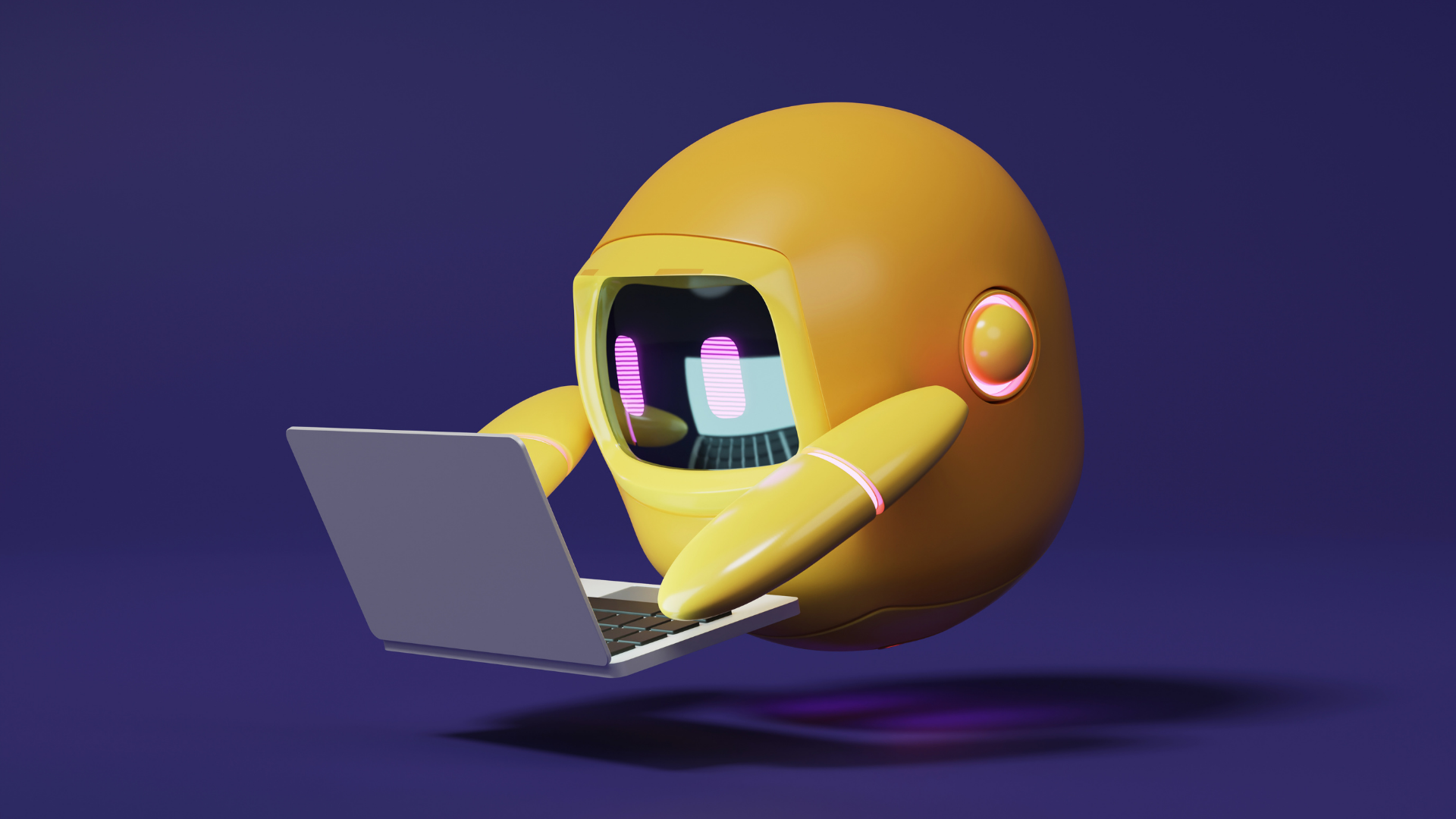 A yellow cartoon character is using a laptop computer. Wizzyl 