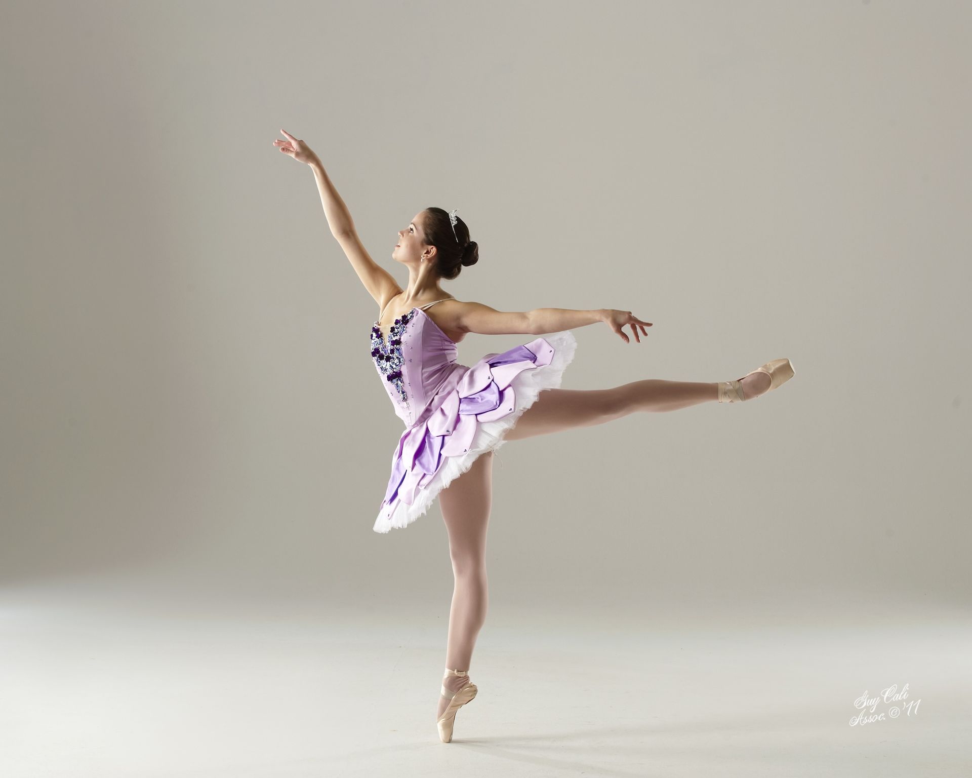A ballerina in a purple tutu is dancing on one leg.