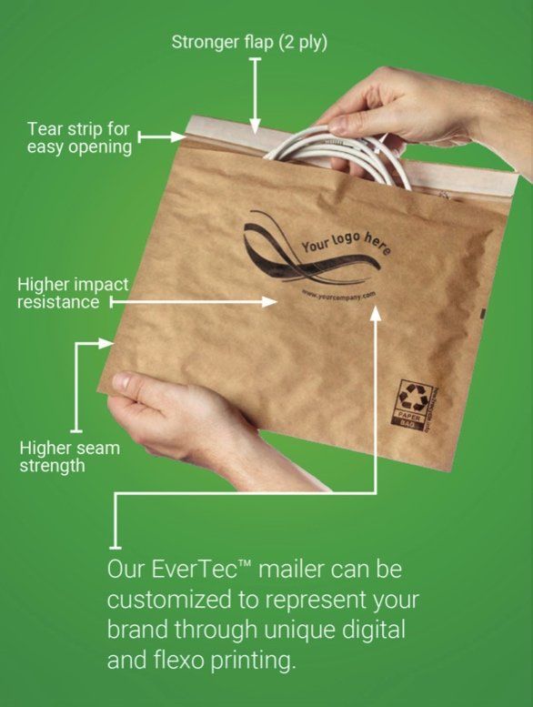 A person is holding a brown bag that says your logo here