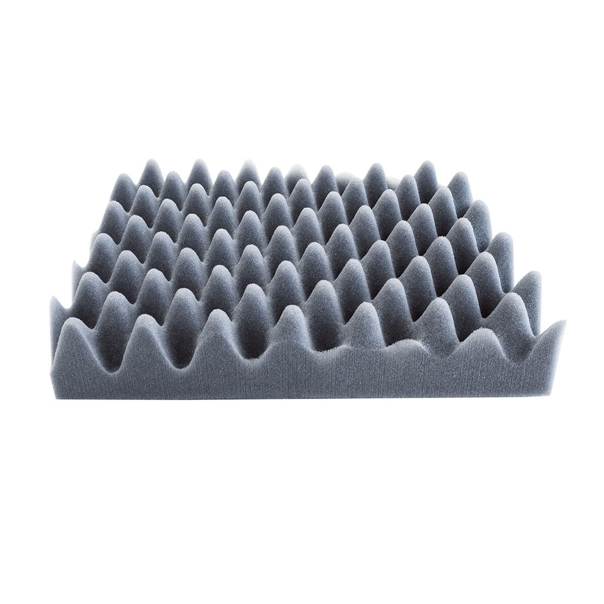 A close up of a gray foam cushion on a white background