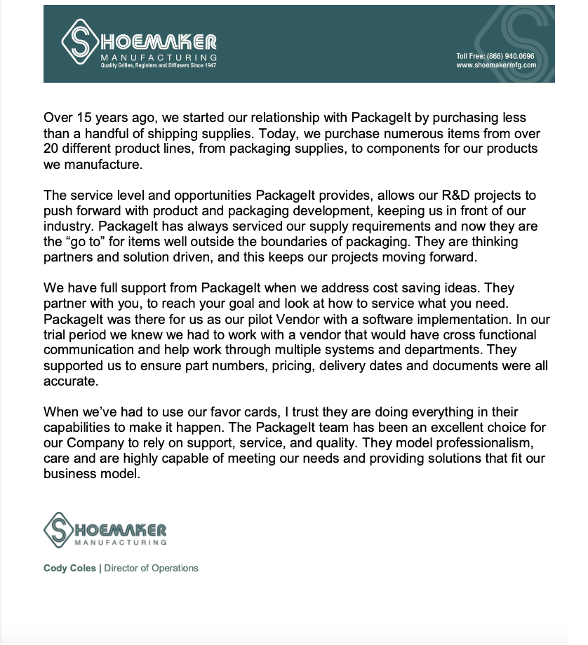 It is a brochure for a company called shoemaker packaging.