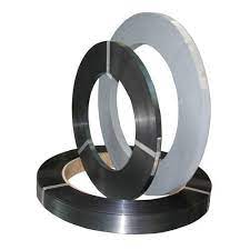 Three rolls of steel strapping are stacked on top of each other on a white background.