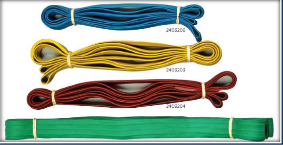 Four different colored rubber bands are stacked on top of each other on a white background.