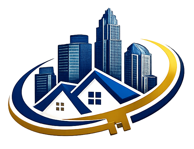 Blue city skyline and house logo encircled by gold swoosh on white background