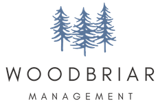 Woodbriar Management logo with blue pine trees above black text on a white background