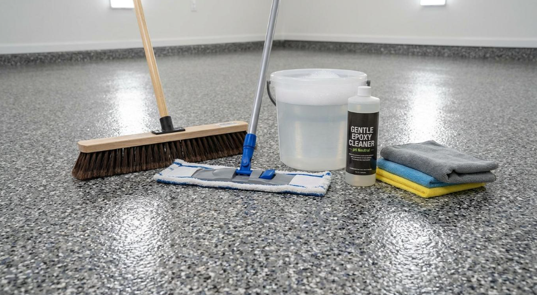 Cleaning supplies on a shiny floor: brooms, mop, bucket, and cloths.