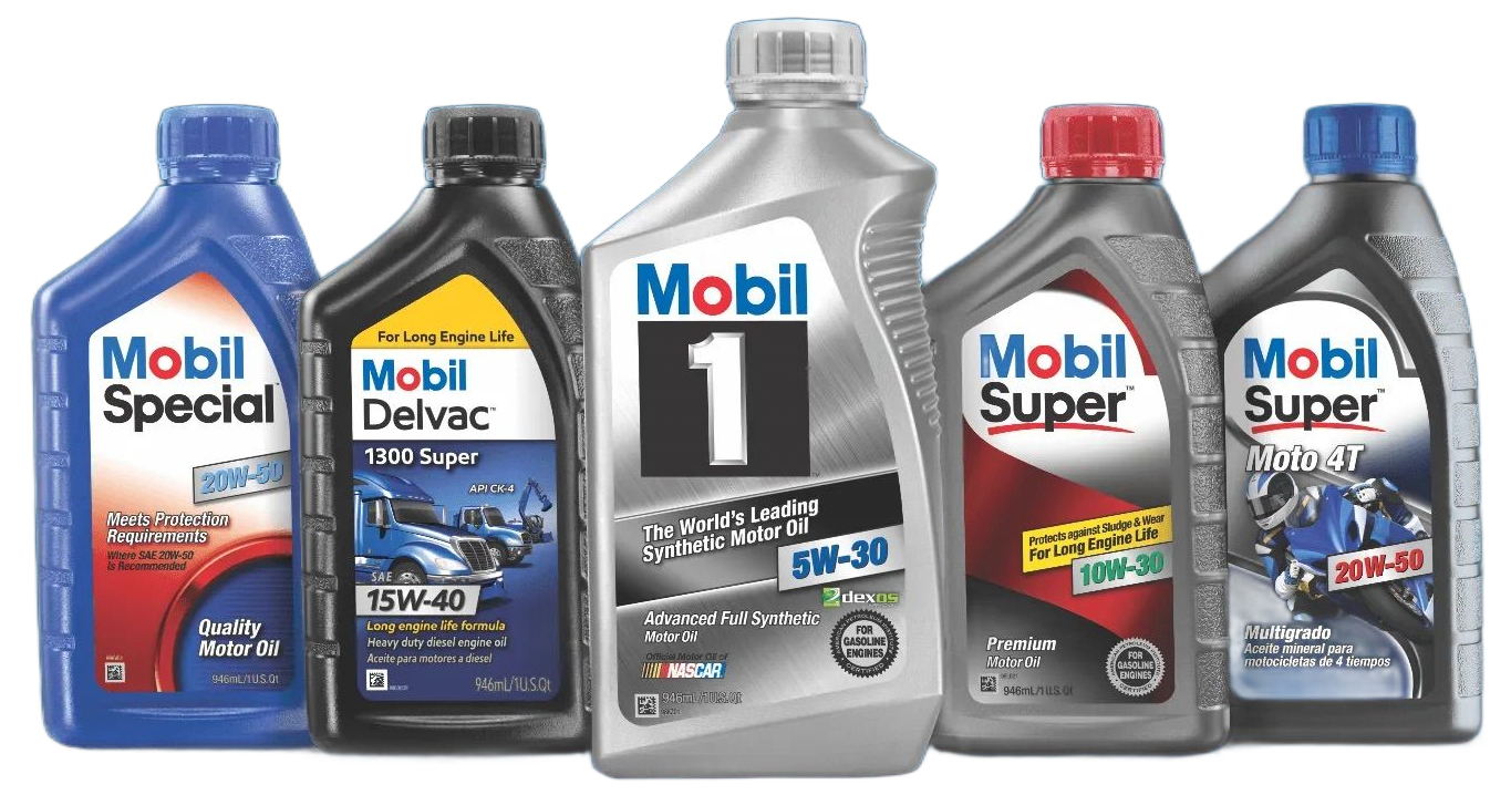 Cinco botellas de aceite de motor Mobil en envases azules, negros, plateados, rojos y grises alineadas sobre un fondo blanco.