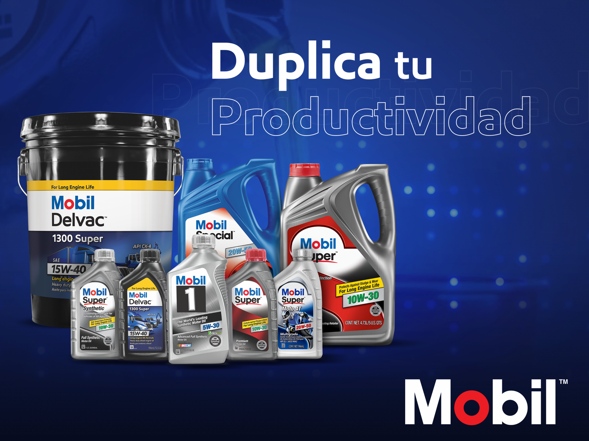 Un grupo de botellas de aceite de mobil sobre un fondo azul.