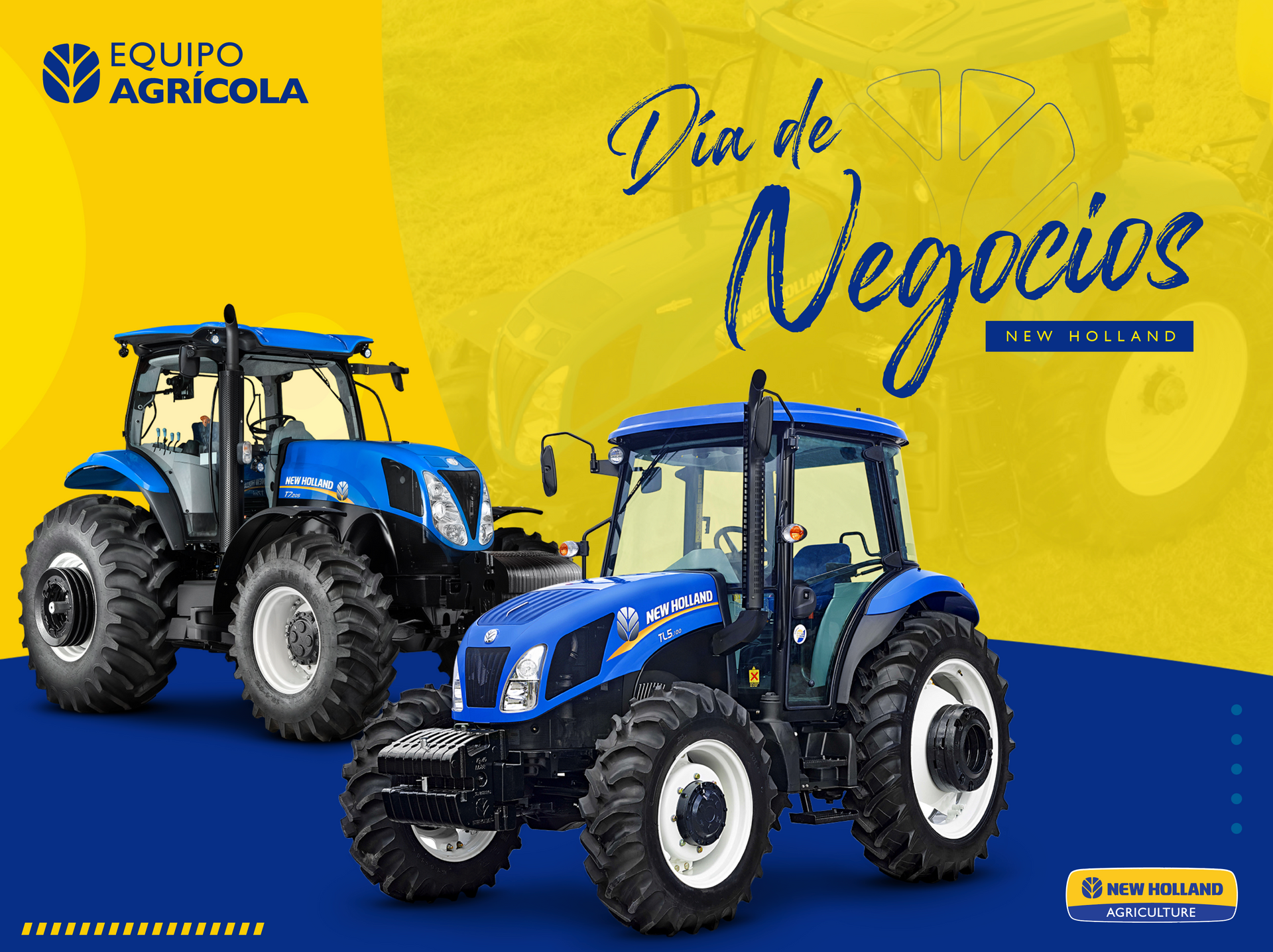 Dos tractores azules sobre un fondo amarillo y azul con las palabras 