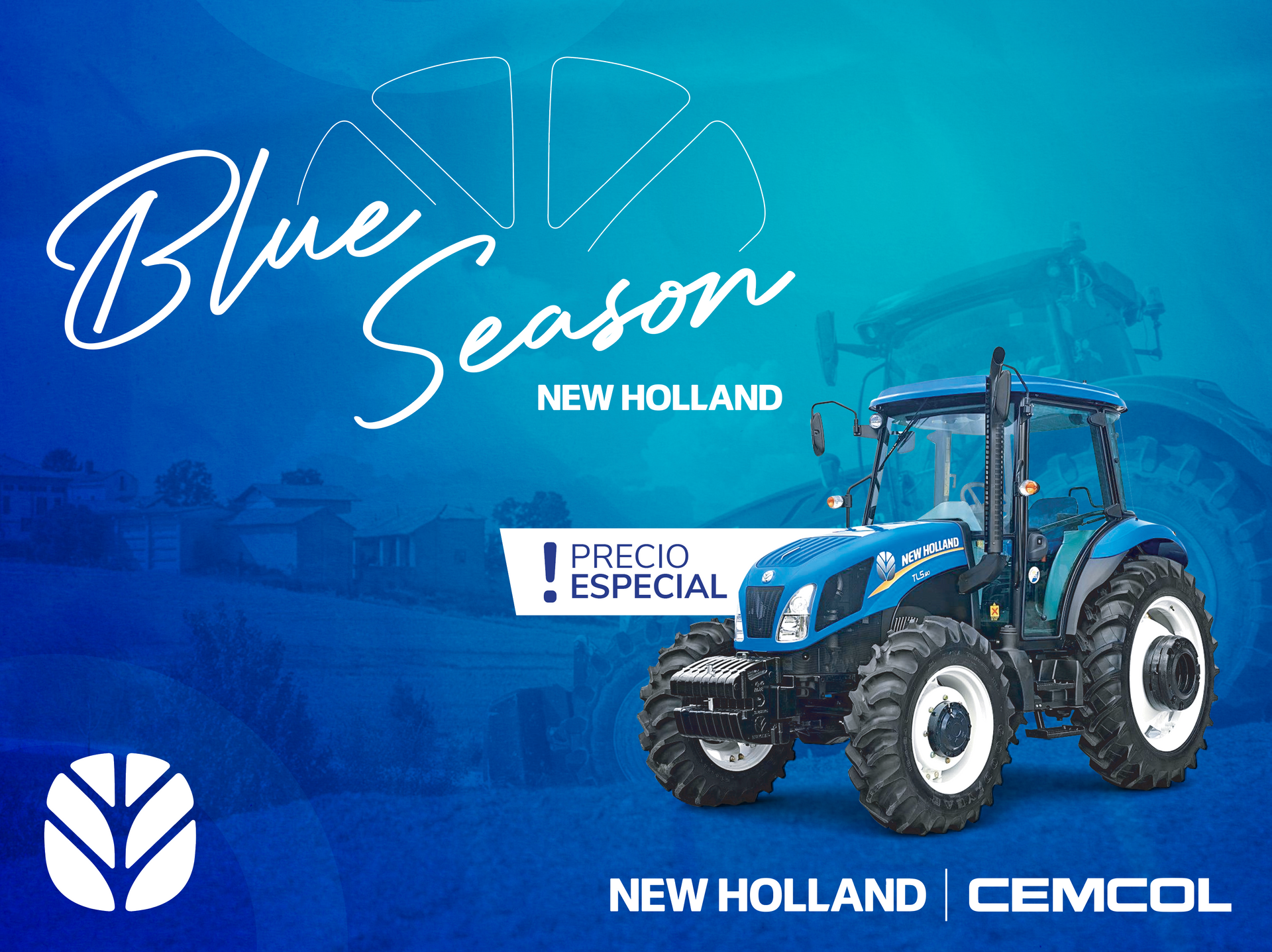 Un tractor New Holland azul sobre un fondo azul.