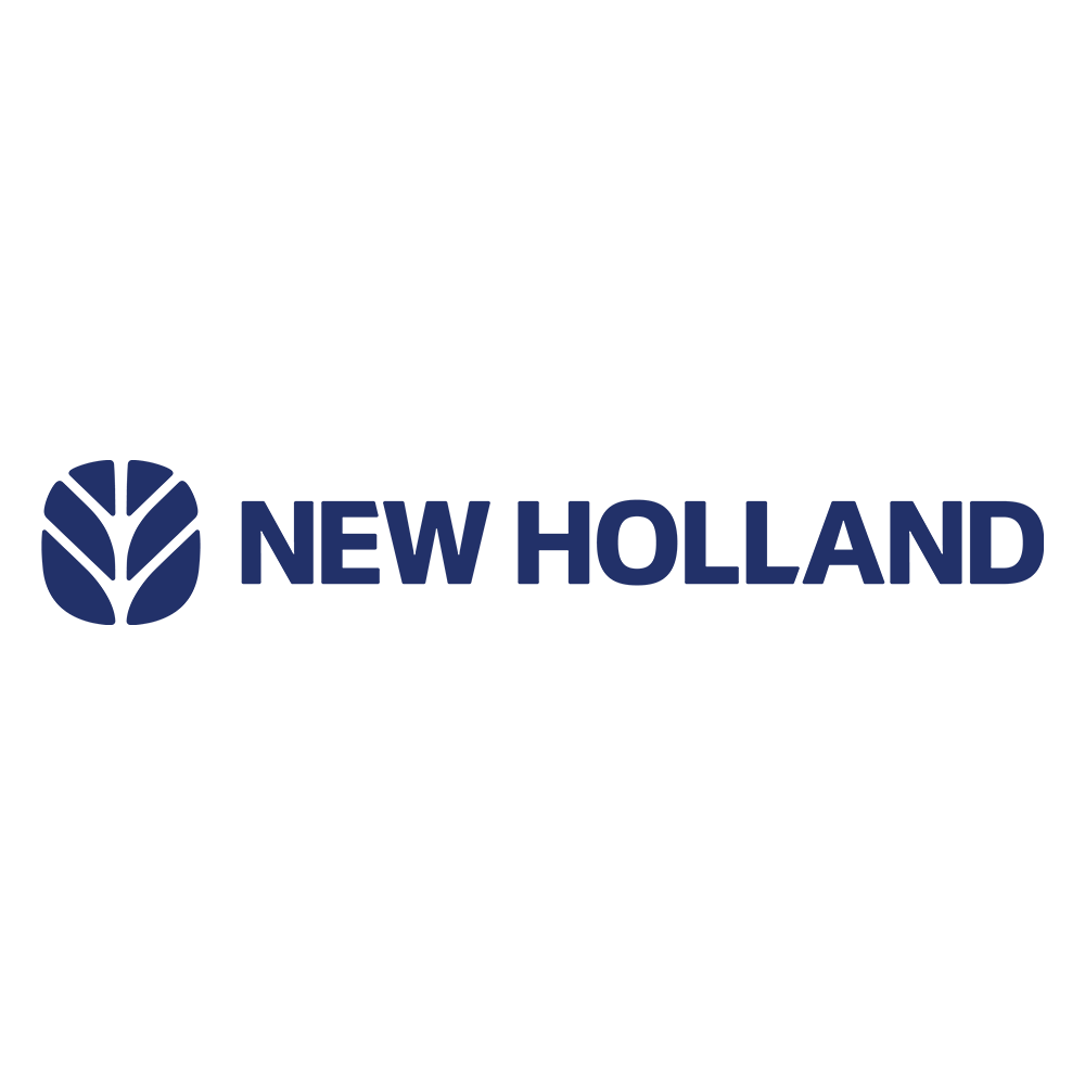 El logotipo de New Holland es azul y blanco sobre un fondo blanco.