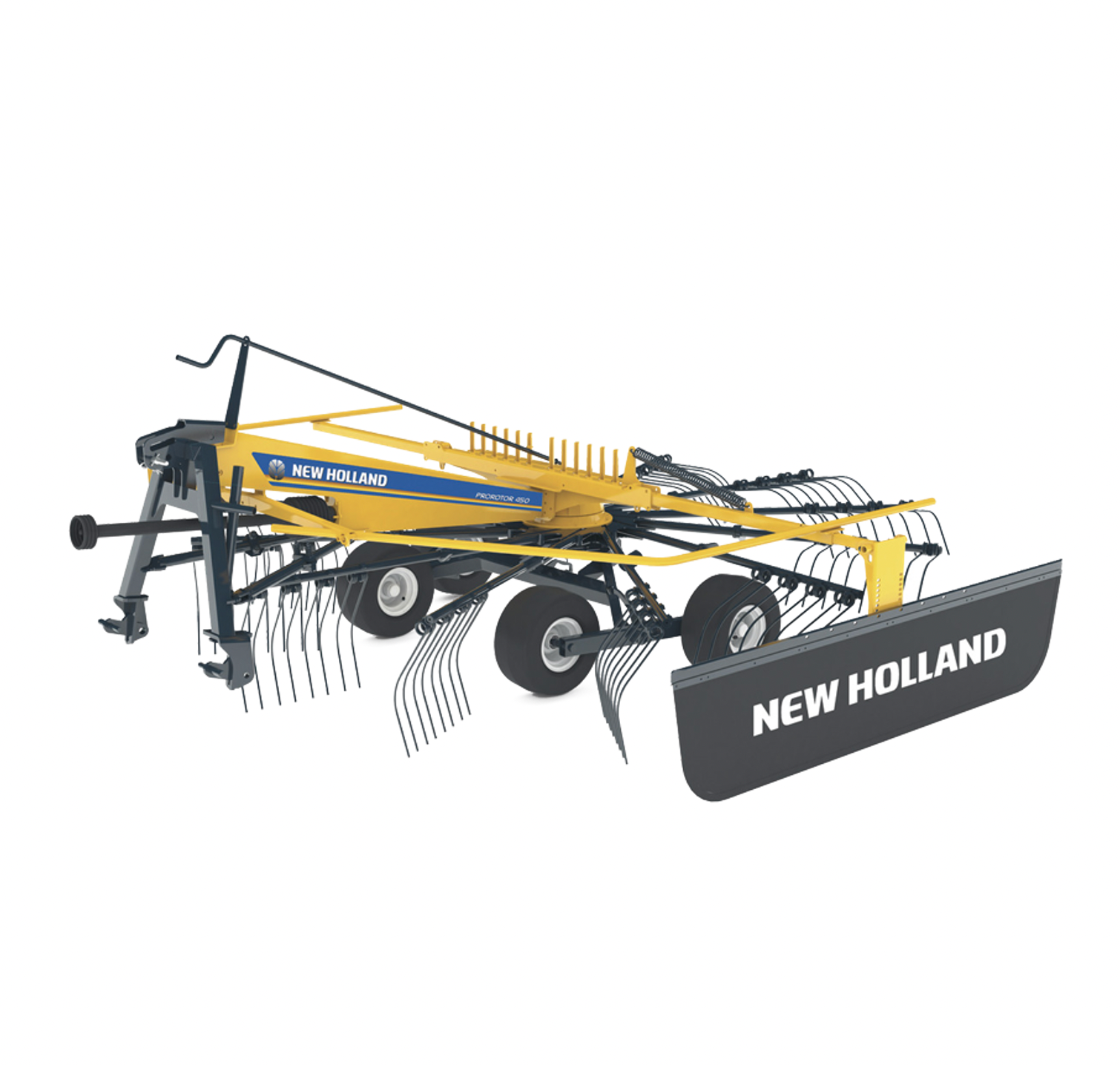 Un modelo 3D de un rastrillo de heno New Holland sobre un fondo blanco.
