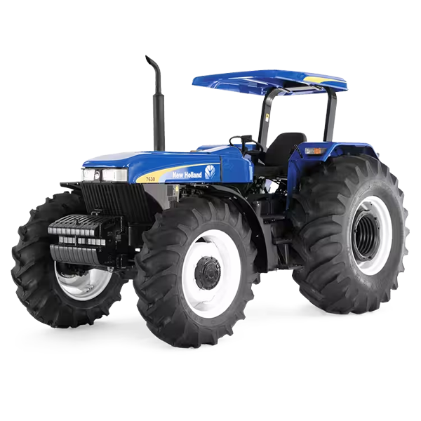 Un tractor azul y negro con neumáticos blancos sobre un fondo blanco.