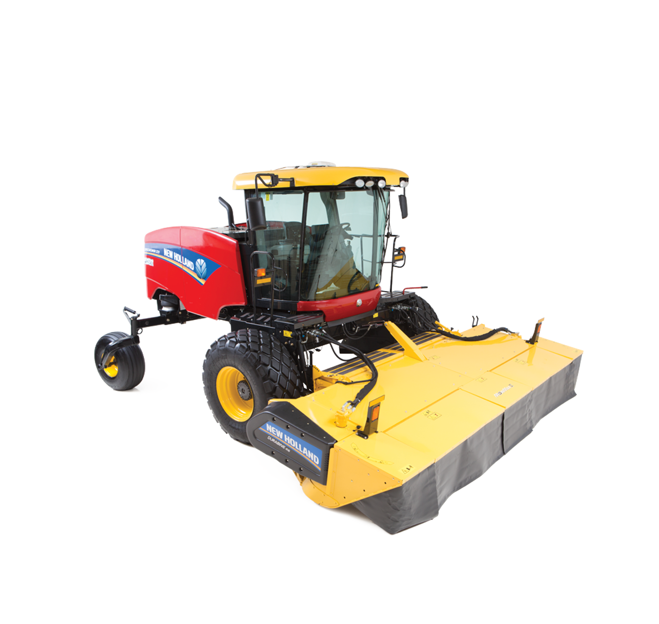 Un tractor amarillo y rojo con una cortadora de césped acoplada a él sobre un fondo blanco.