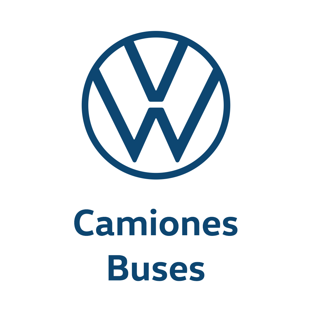 Un logotipo de VW azul con las palabras camiones buses debajo.