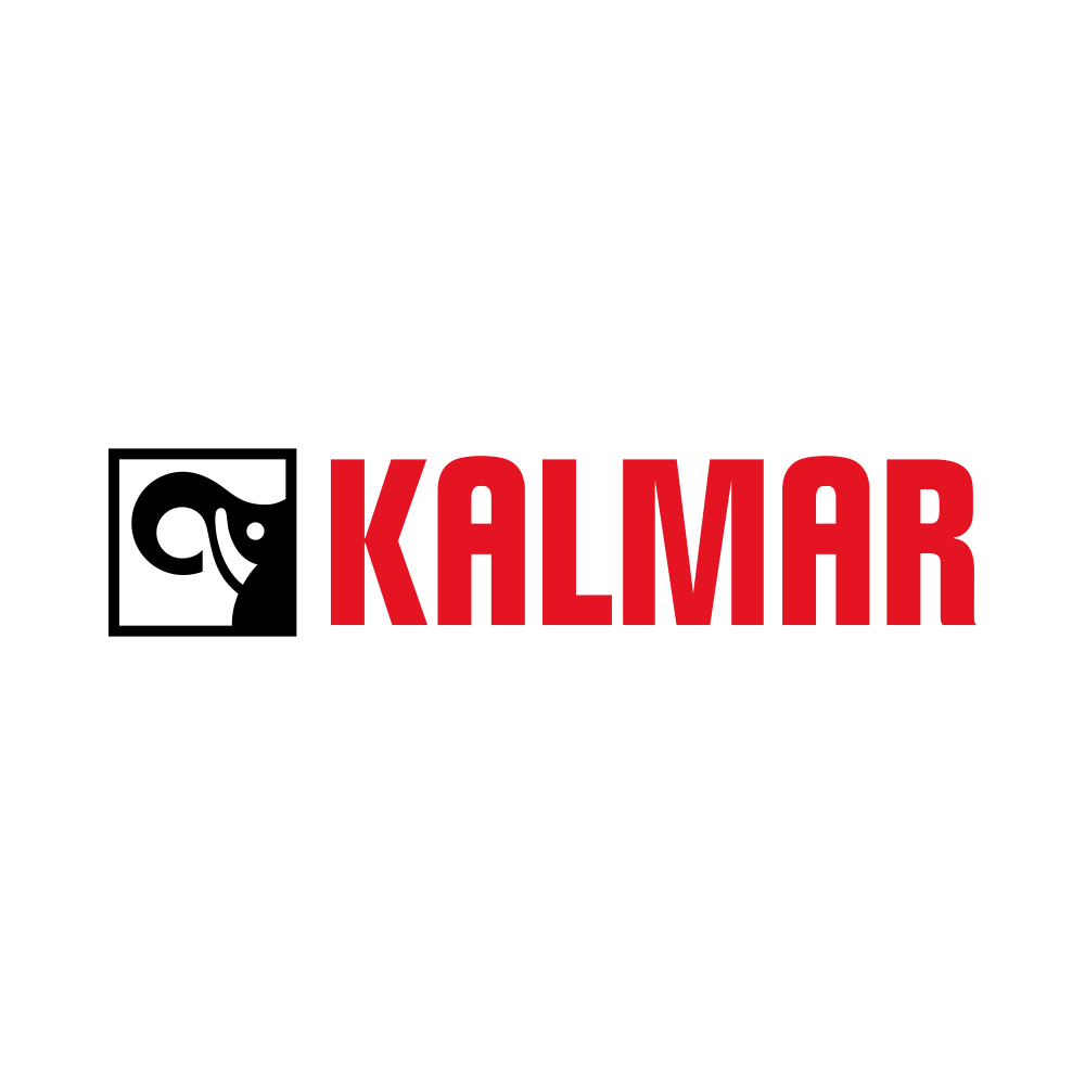 Un logotipo para una empresa llamada Kalmar con un carnero en un cuadrado.