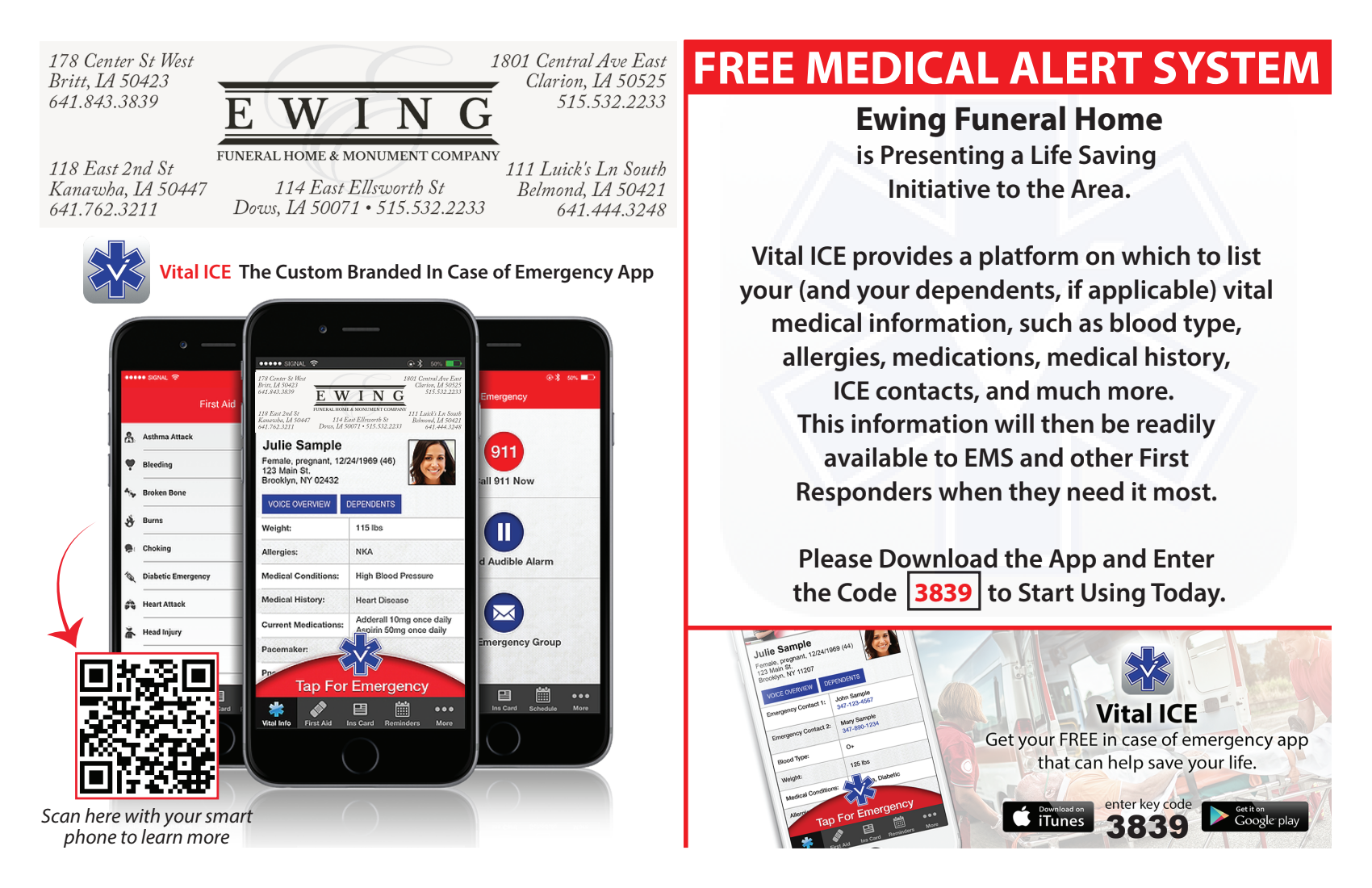 EWING funeral home promo with mobile app screenshot, red “Free Medical Alert System” banner, and QR code