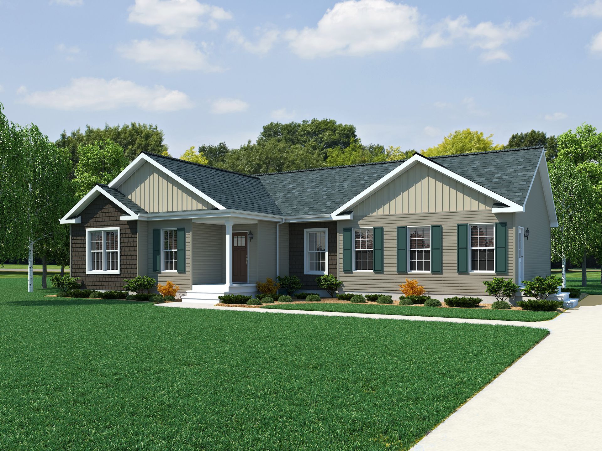 A house with a blue roof and green shutters
