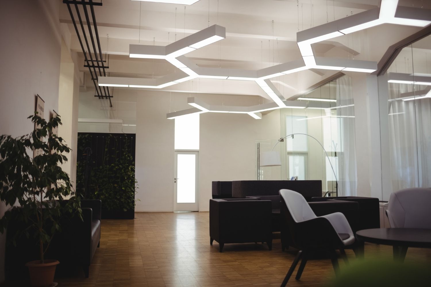 Modern office lounge with black sofas, wooden floor, potted plant, and geometric ceiling lights