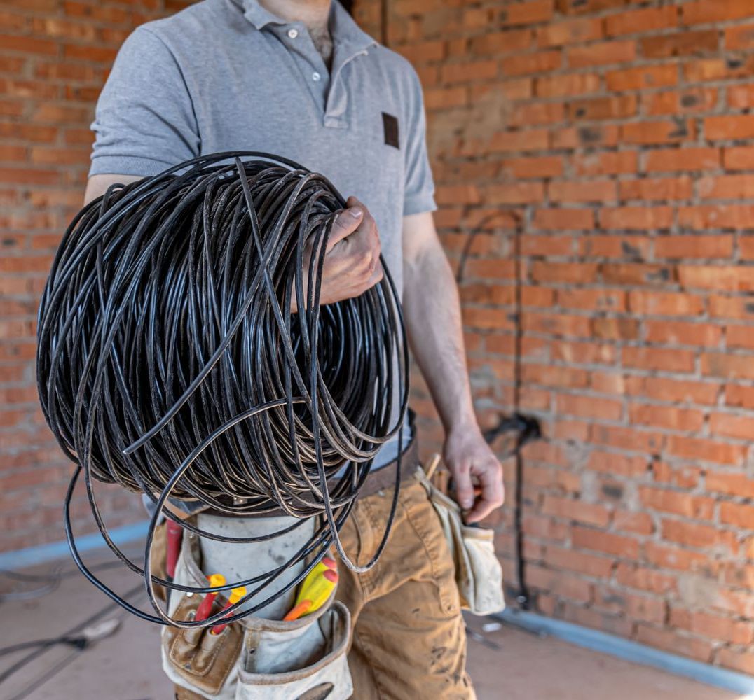 A man is holding a large spool of black wires.