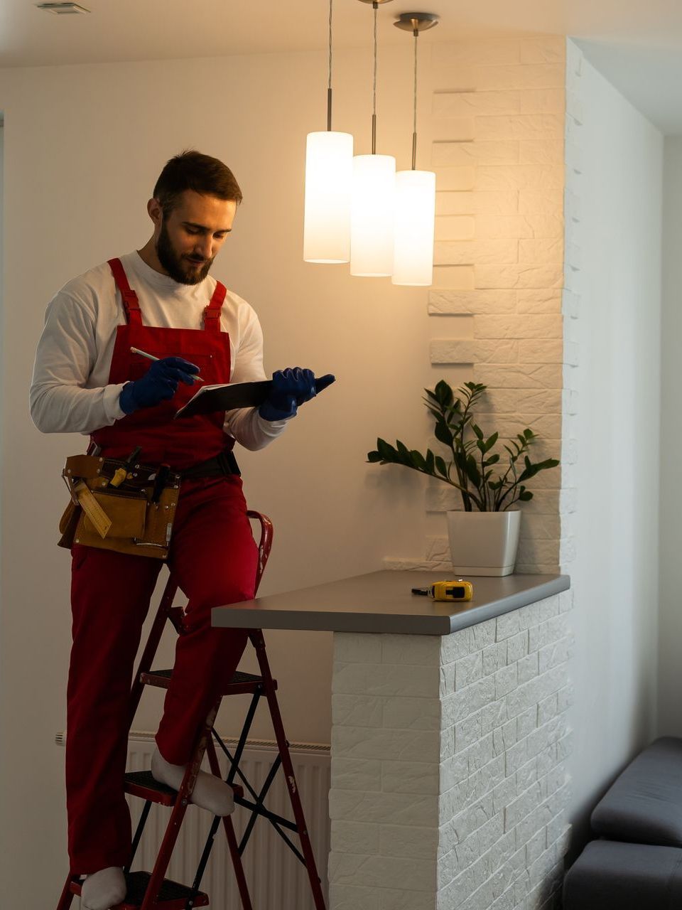 A man is sitting on a ladder looking at a clipboard.