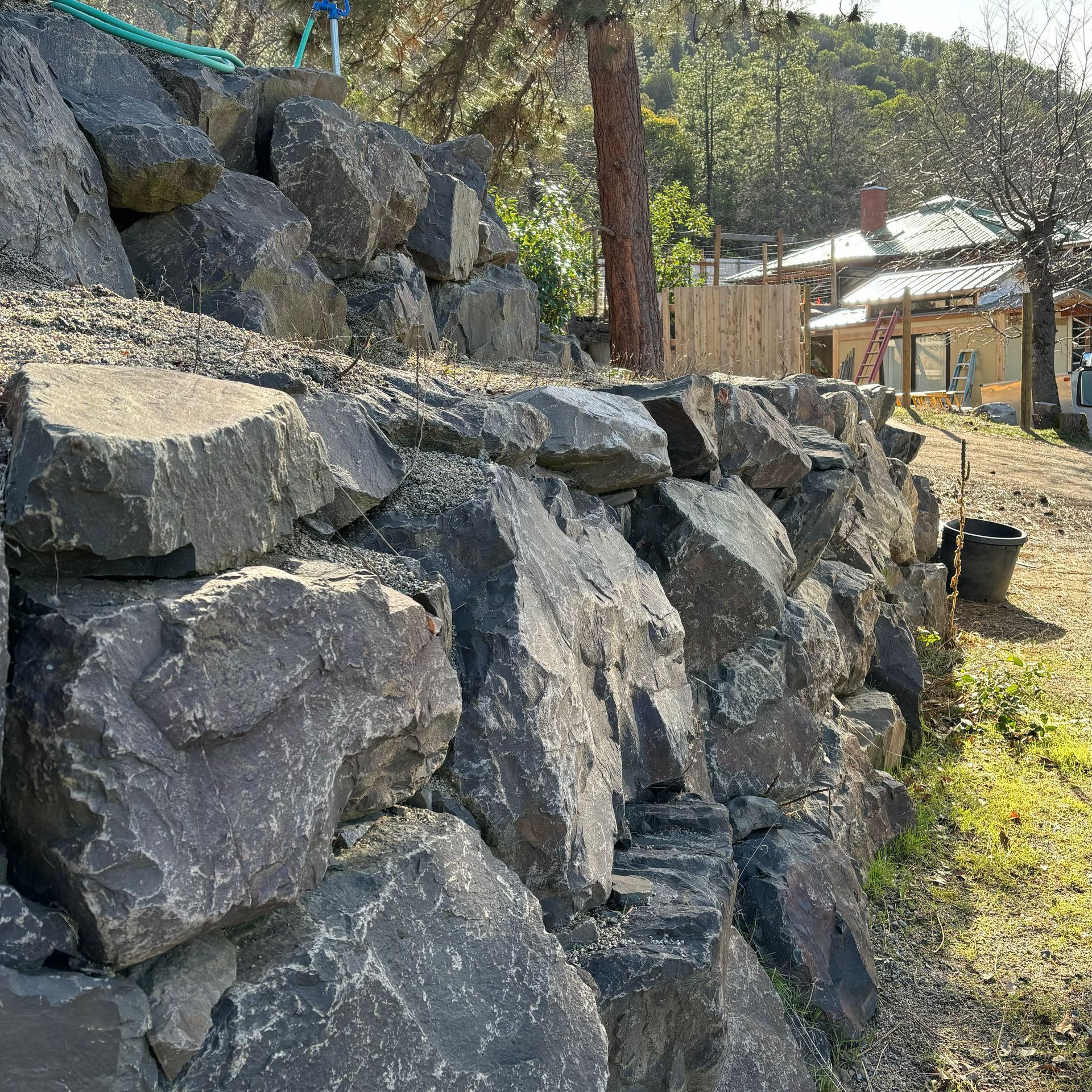 A boulder retaining wall in Ashland, Oregon