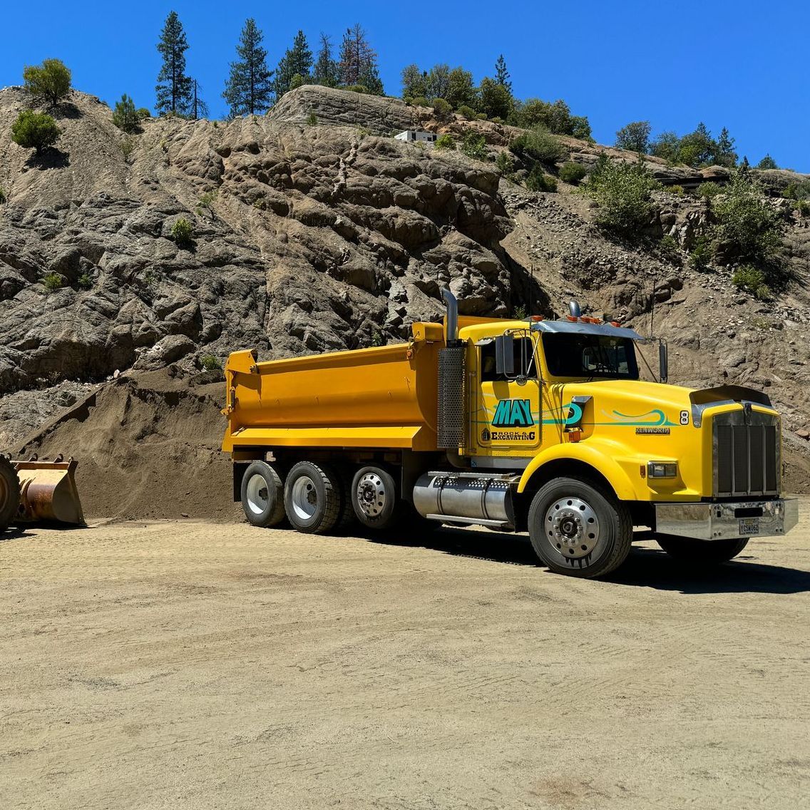 A dump truck at a granite rock pit in Ashland, Oregon