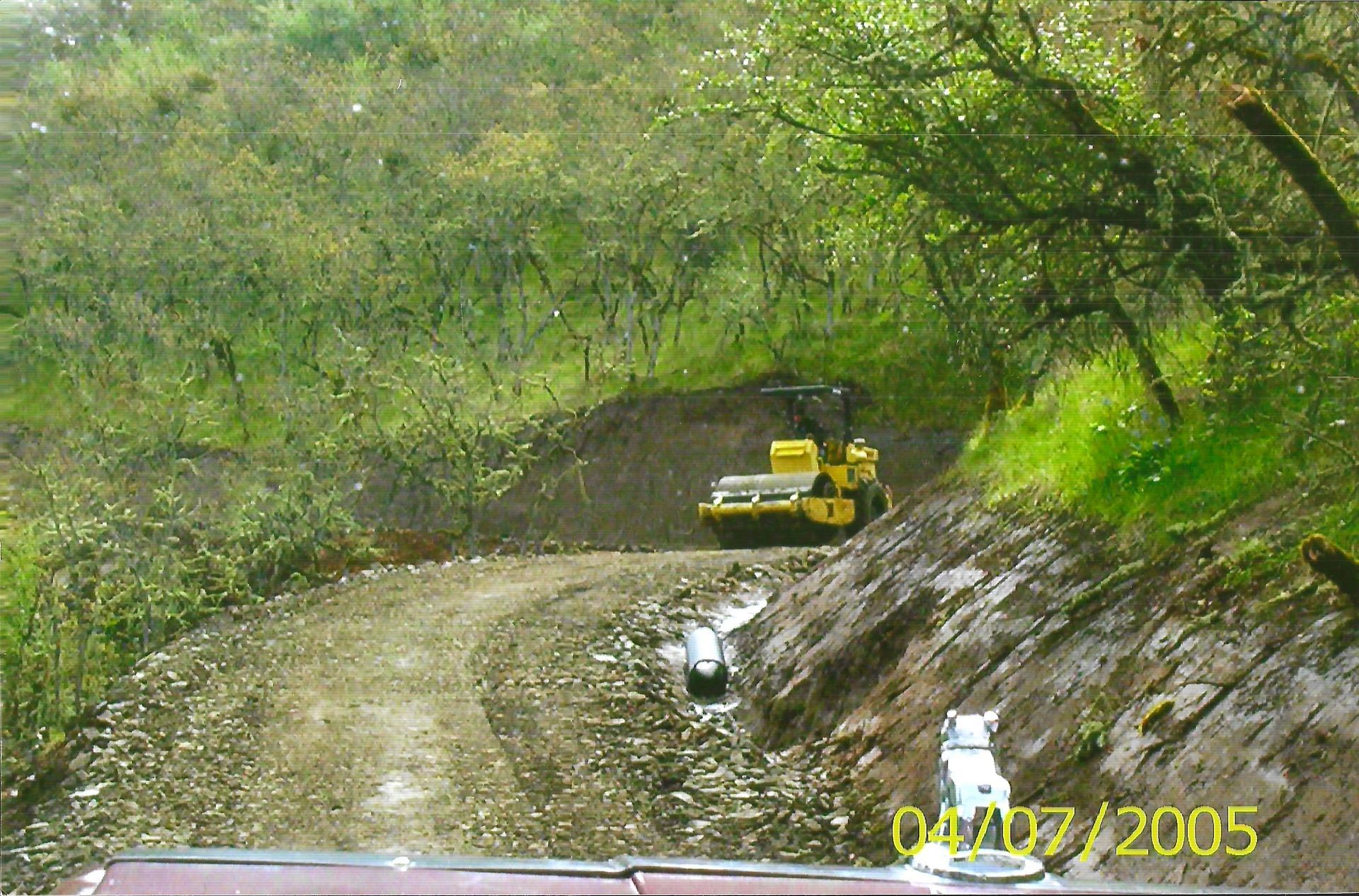 A yellow compactor roller is driving down a dirt road in Ashland, Oregon.