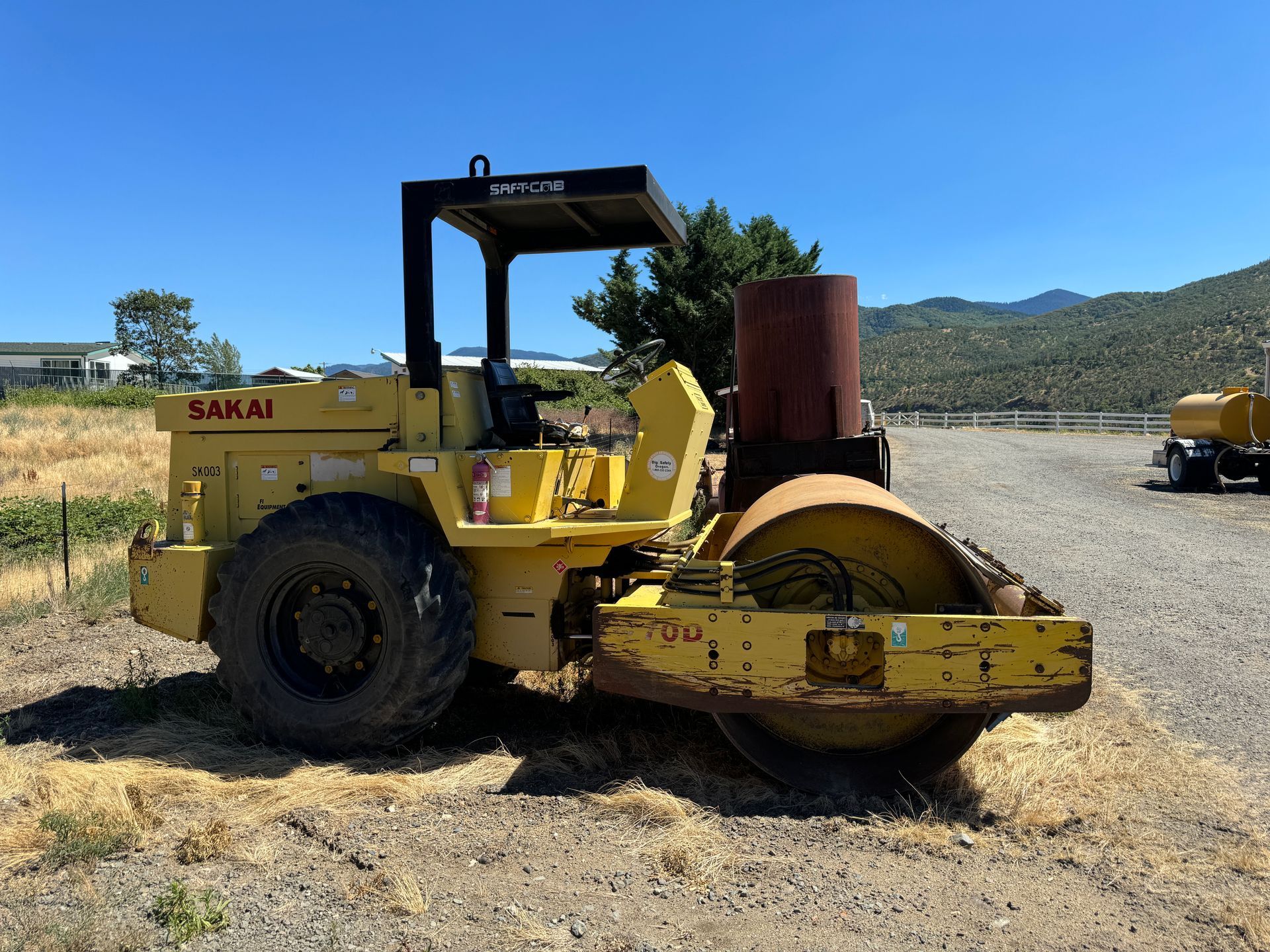 A compacting roller that has leveled and smoothed a gravel driveway in Ashland, Oregon.