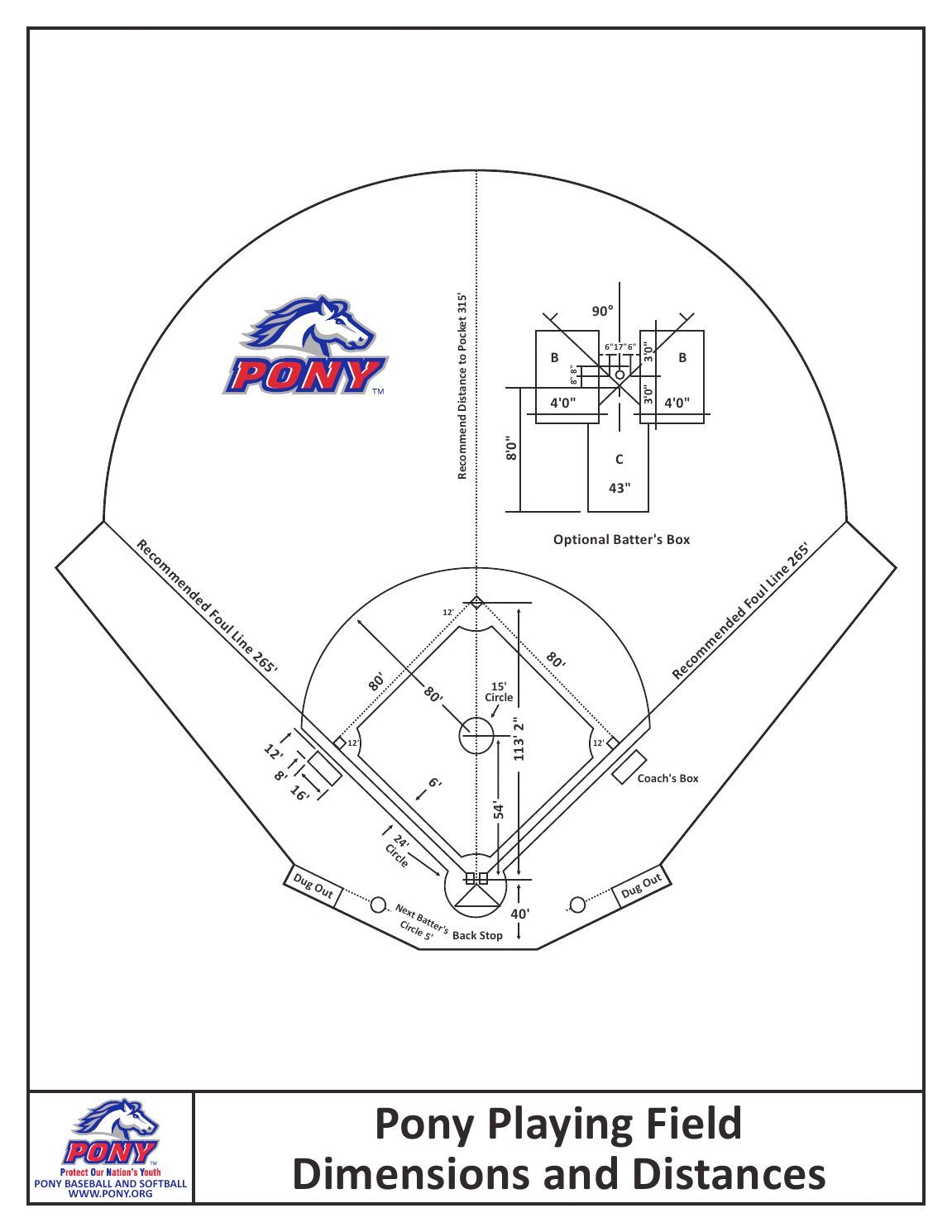 Pony Playing Field Dimensions and Standards diagram with baseball field layout and Pony logo