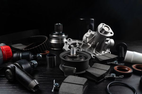 Ingranaggi e parti del motore, smontati su una superficie di lavoro, che mostrano componenti metallici e dettagli meccanici.