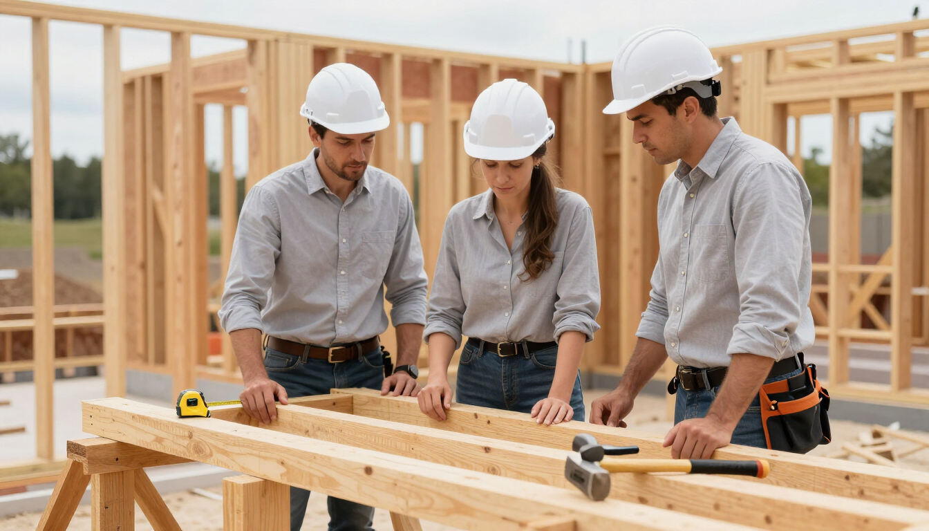 General contractor team on a residential construction site with framing lumber and tools.